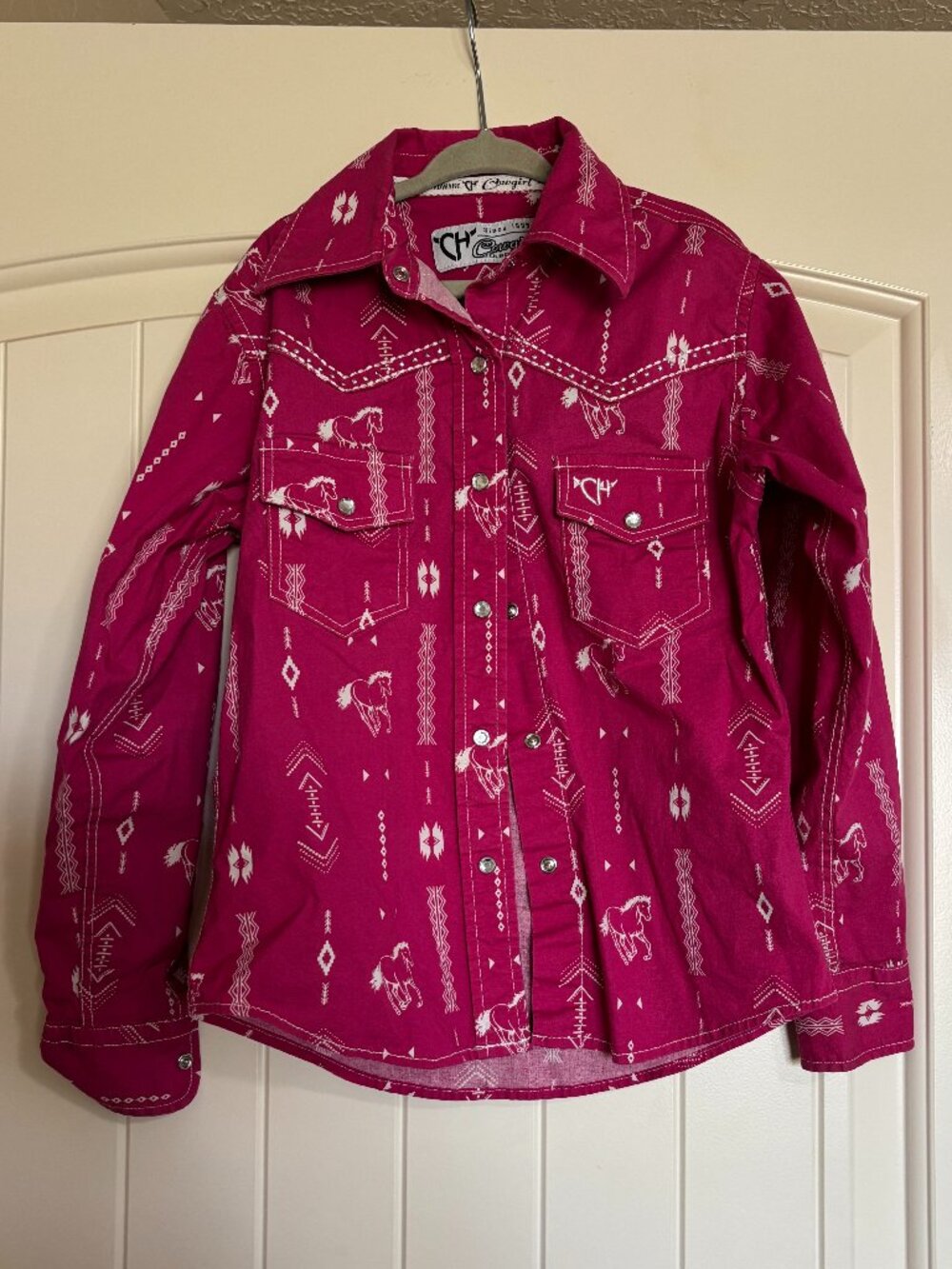 Cowgirl Hardware Girls Pink Western Snap Shirt Size 6 Horse/Aztec Print